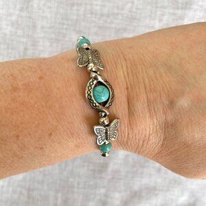 Butterfly Bracelet Turquoise Stone Beads and Silver Alloy Women Sz 6.5 to 9 in